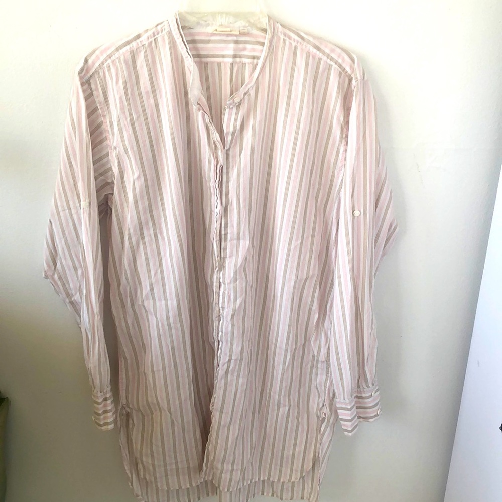 Pure DKNY - Band Collar Cotton Blend Stripe‎ Shirt Dress Sz M - EUC